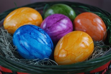 Easter. Colored eggs in a basket 