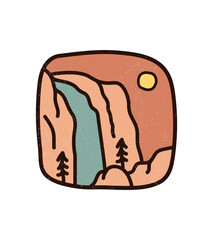 Upper Yosemite Falls and Half Dome design with grunge texture for t-shirts design, badges, emblem, glasses, cups, smart phone, pins and other