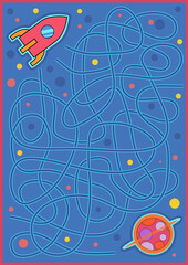 Maze game with space rocket. Cartoon vector labyrinth education puzzle. Find path. Kids activity worksheet.