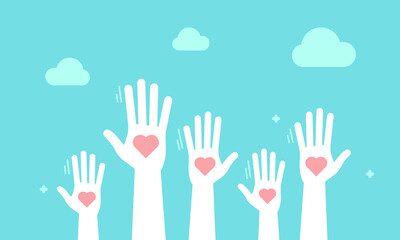 Volunteers and charity work. Social care raised helping hands. Illustration with a crowd of people ready and available to help and contribute. Positive foundation, business, service. - obrazy, fototapety, plakaty