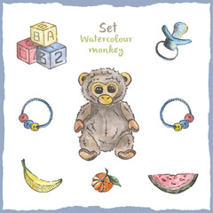 Set. A watercolour monkey. Illustration of a beautiful watercolour monkey.
