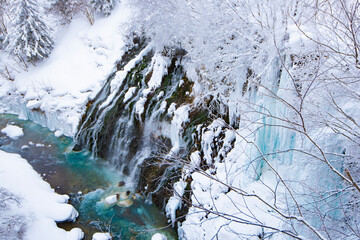 Shirohige waterfall in Winter at Bie Patchwork Road, Biei Town, Hokkaido,Japan