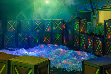 Interior of amusement center before paper disco party for kids, premises without visitors, the...