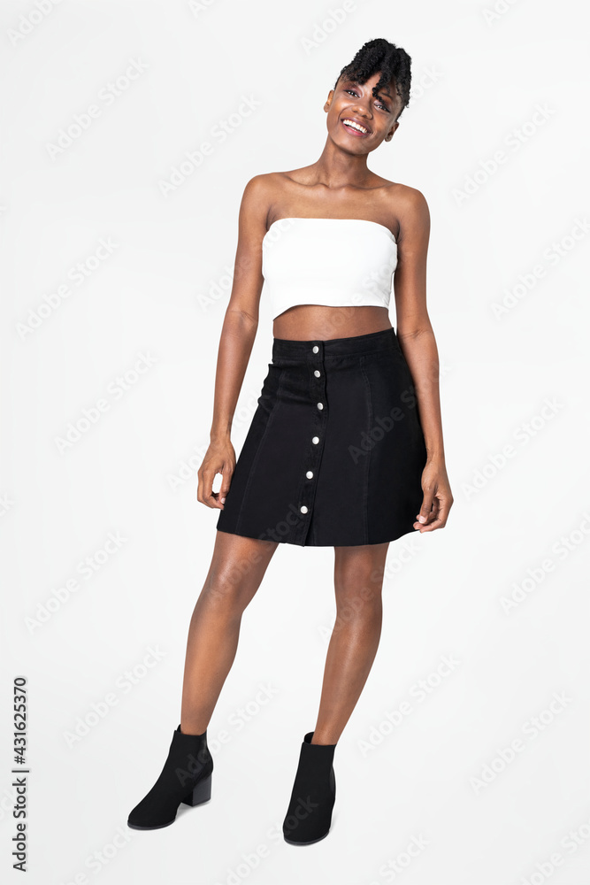 Canvas Prints woman in white bandeau top and black a-line skirt casual fashion full body