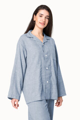 Woman in gray pajamas nightwear studio shoot
