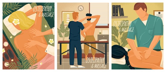 Osteopathy and massage therapy concept vector illustration. Hand drawn set of massage treatment posters. Professional male masseur, thai massage and spa, back pain treatment