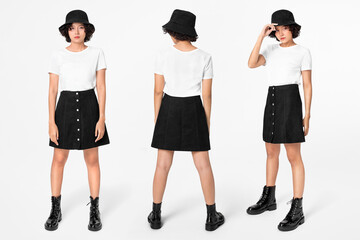 White women's t-shirt with design space and a-line skirt casual fashion
