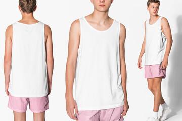 Basic men's white tank top and pink shorts summer apparel with design space