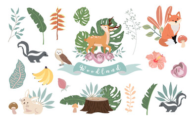 Cute woodland object collection with bear,owl,fox,skunk,mushroom and leaves.Vector illustration for icon,sticker,printable