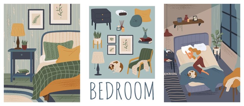 Woman sleeping in bed with a dog. Bedroom interior hand drawn vector illustration set. Home modern interior design. Cozy room furniture and accessories