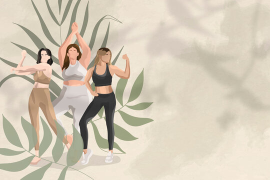 Health and wellness background green with women stretching illustration