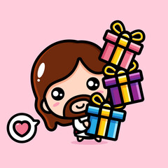 cute cartoon jesus vector design is carrying a pile of gifts