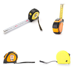 Set of measuring tapes on white background