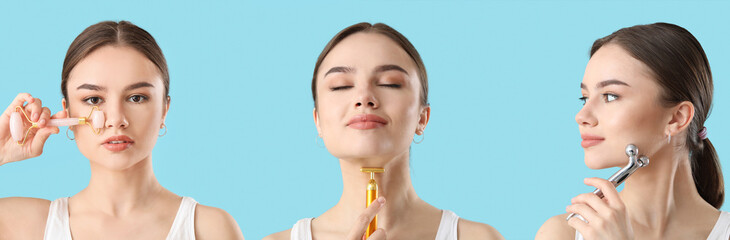 Young woman with facial massage tool on color background