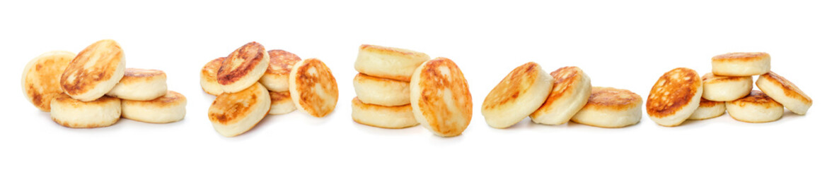 Tasty cottage cheese pancakes on white background