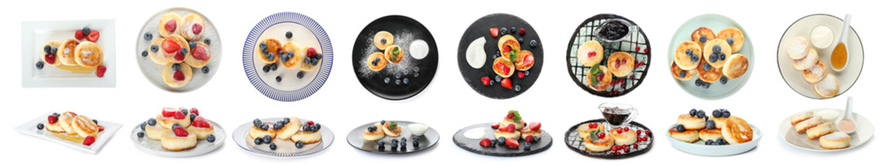 Plates with tasty cottage cheese pancakes on white background