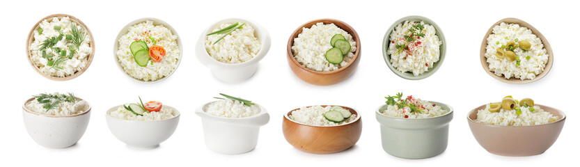 Bowls of cottage cheese with herbs, vegetables and spices on white background