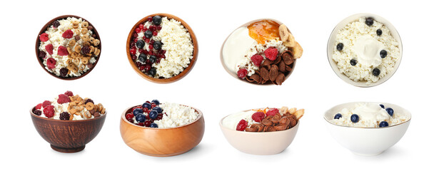 Bowls of cottage cheese with berries, cereals and sour cream on white background