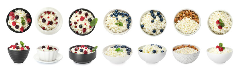 Bowls of cottage cheese with berries and nuts on white background