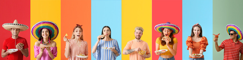 Set of people with tasty Mexican food on color background - obrazy, fototapety, plakaty