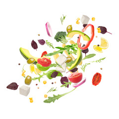 Flying ingredients for healthy salad on white background