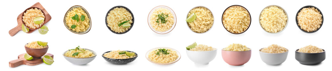 Bowls with boiled couscous on white background
