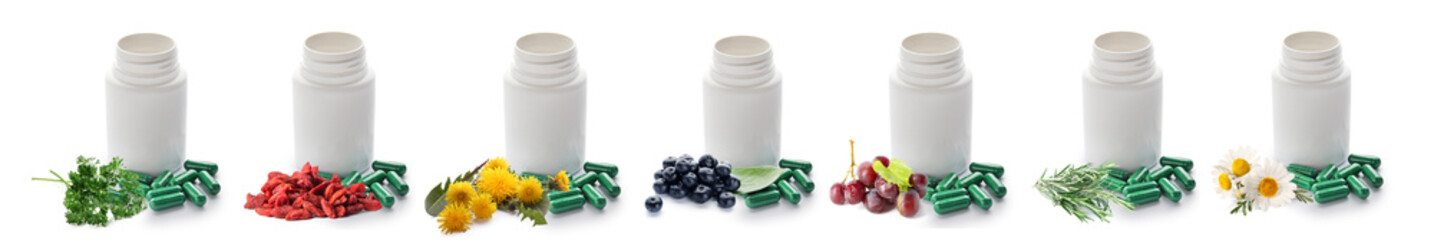 Different vitamin supplements on white background - obrazy, fototapety, plakaty