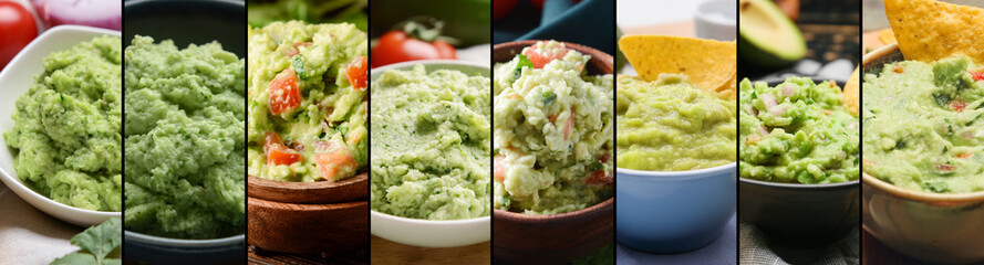 Collage of tasty guacamole in bowls