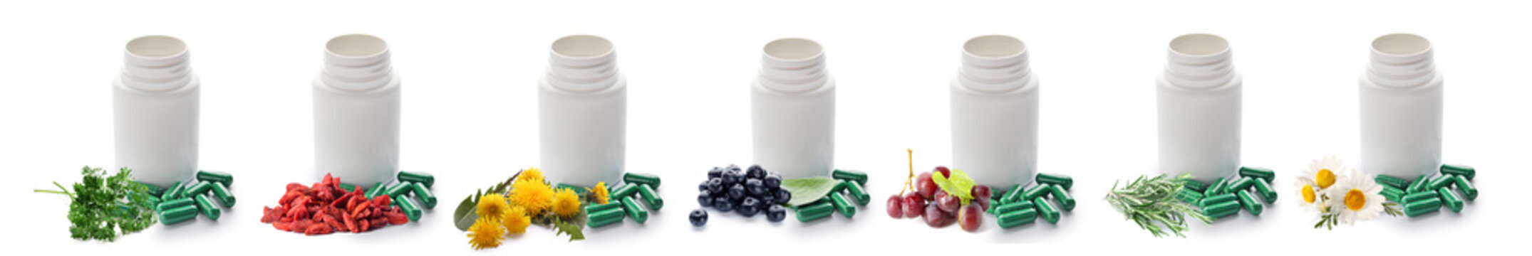 Different vitamin supplements on white background