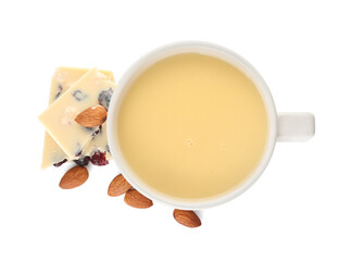 Cup with hot chocolate on white background