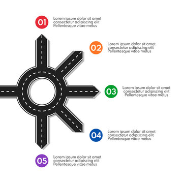 road line with ring crossroad and 5 different exits, vector infographics template