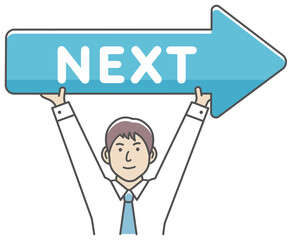 Young businessman holding arrow sign ( link to next page ) vector illustration