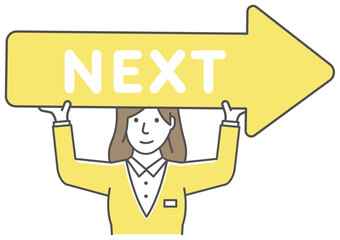 Naklejka premium Young businesswoman holding arrow sign ( link to next page ) vector illustration