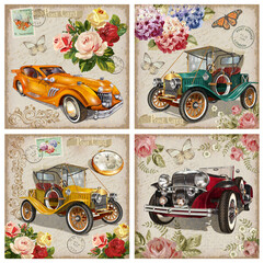 Vintage postcard with retro car and flowers