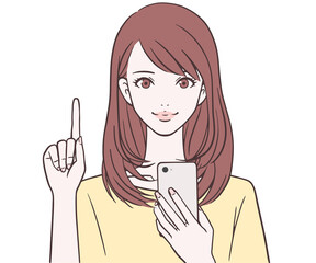 携帯電話を持ち、人差し指を立てる女性