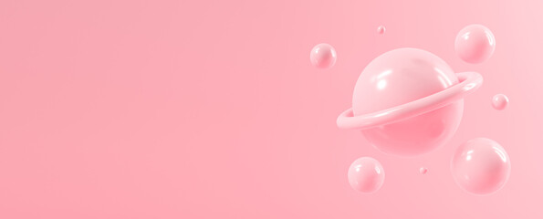Pink background abstract with glossy sphere of balls. solar system 3d rendering design. © yayha