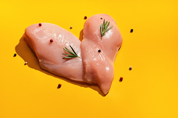 Fresh chicken breast with spices and herbs on yellow background. Heart shaped chicken fillet....