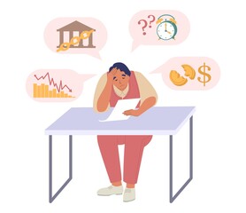 Businessman experiencing financial problems, vector illustration. Business failure, bankruptcy, economic crash, crisis.