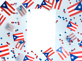 Obraz premium Puerto Rico. freely associated state. Commonwealth. National flags on foggy background. July 25, Constitution Day. Concept freedom and memory and patriotism.