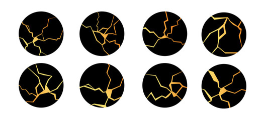 Set of different golden Kintsugi pattern highlights. Cracks and texture of marble. A round icon for a social media story. Hand-drawn design template. Vector flat illustration.