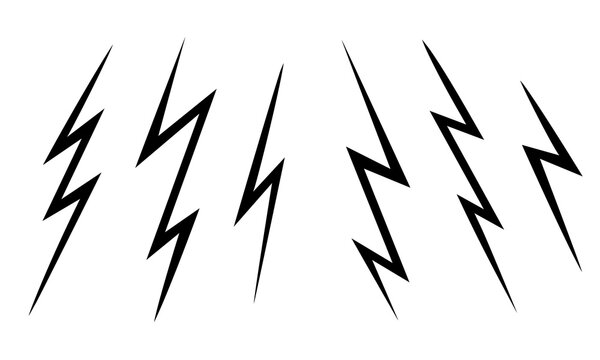 Vector Collection thunder and bolt lighting flash image. Electric power thunderbolt, lightning bolt icon, dangerous sign. Black lines isolated on a white background.