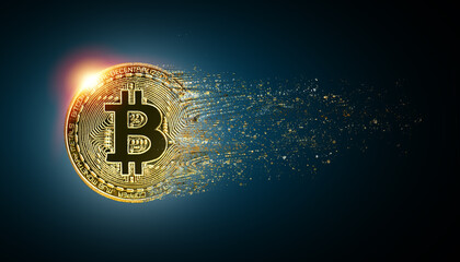 Disintegration of a BTC bitcoin, Cryptocurrency collapse related conceptual.