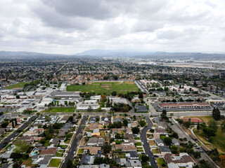 Aerial view of Placentia during gray clouded day, city in northern Orange County, California. USA
