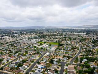 Aerial view of Placentia during gray clouded day, city in northern Orange County, California. USA
