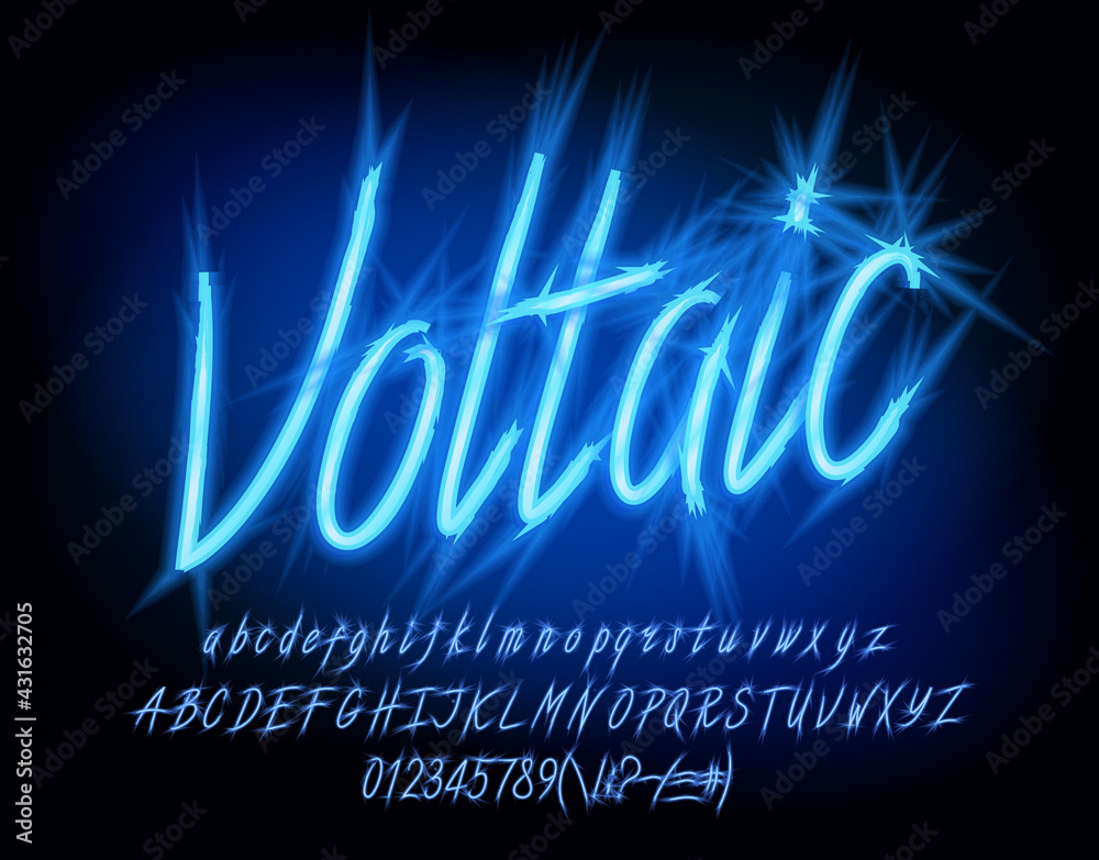 Fototapete voltaic alphabet font. electric script letters, numbers and punctuation. uppercase and lowercase. st