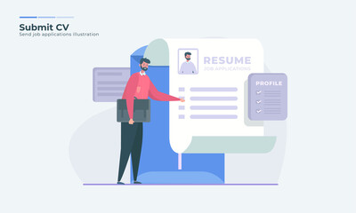 Illustration of job seekers with CV profile, Freelancer looking for job illustration