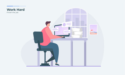 Vector  illustration of hard worker finish the job, Complete work assignments