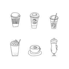 Hand drawn doodle vector illustration of set of various coffee drinks in glass, plastic and paper to-go cups. Isolated on white background.