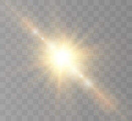 Sun on a transparent background with rays and glare vector illustration.	