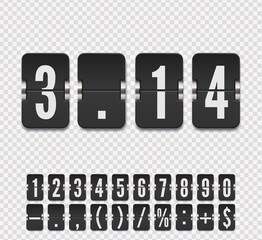 Analog black countdown timer number font. Flip number and symbol scoreboard with shadows on transparent background. Vector illustration template.